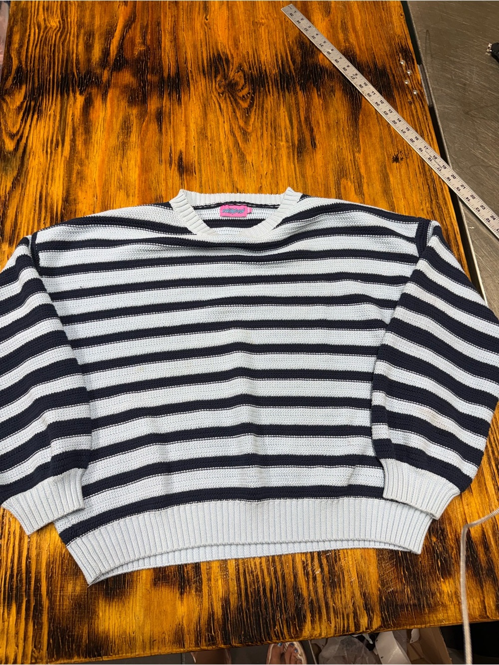 Edikted Navy and White Striped Crewneck Sweater